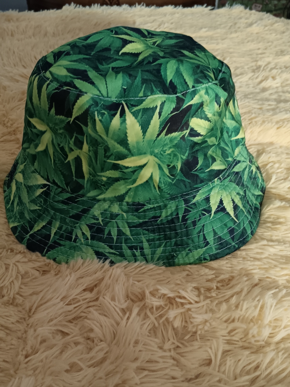 Green Weed Leaf Print And Black Reversible Bucket Hat